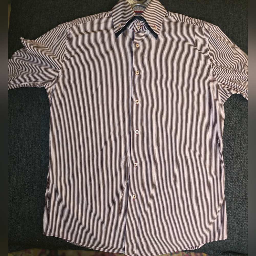 Zara Black Tag Navy and White Striped Large Slim Fit Dress Shirt